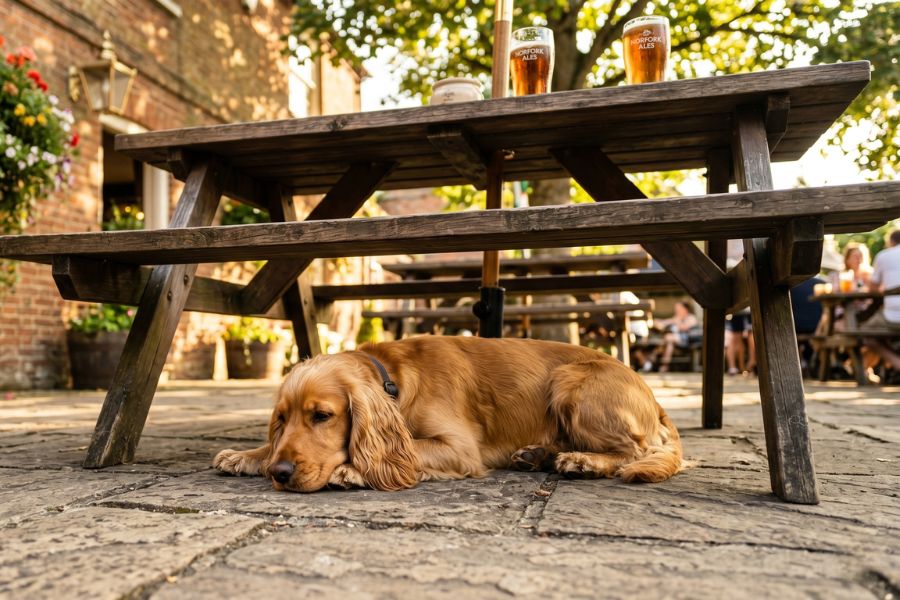 A golden Cocker Spaniel lying contentedly under a wooden picnic table in a sunny English country pub beer garden, with glasses of real ale on the table above