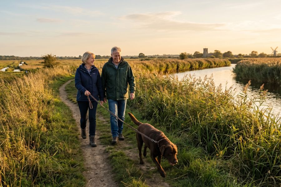 A couple walking a chocolate Labrador along a riverside footpath on the Norfolk Broads, with reed beds and open marshland on either side