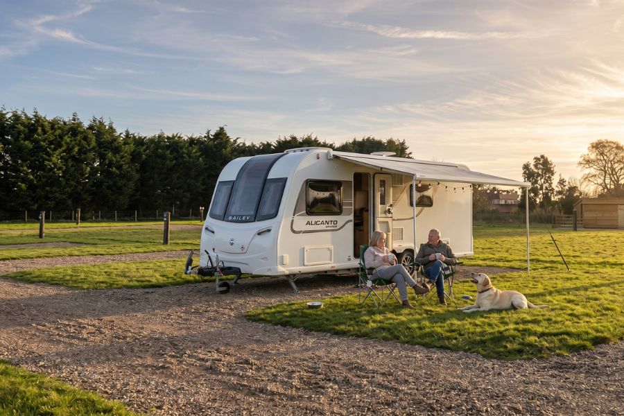 A couple sitting outside a touring caravan under an awning at a peaceful Norfolk caravan park, with their yellow Labrador resting on the grass beside them at golden hour