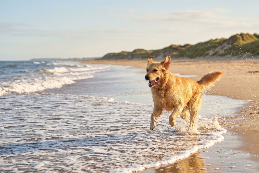 A Golden Retriever running at full stride along the shoreline of a sandy Norfolk beach, splashing through shallow waves at golden hour