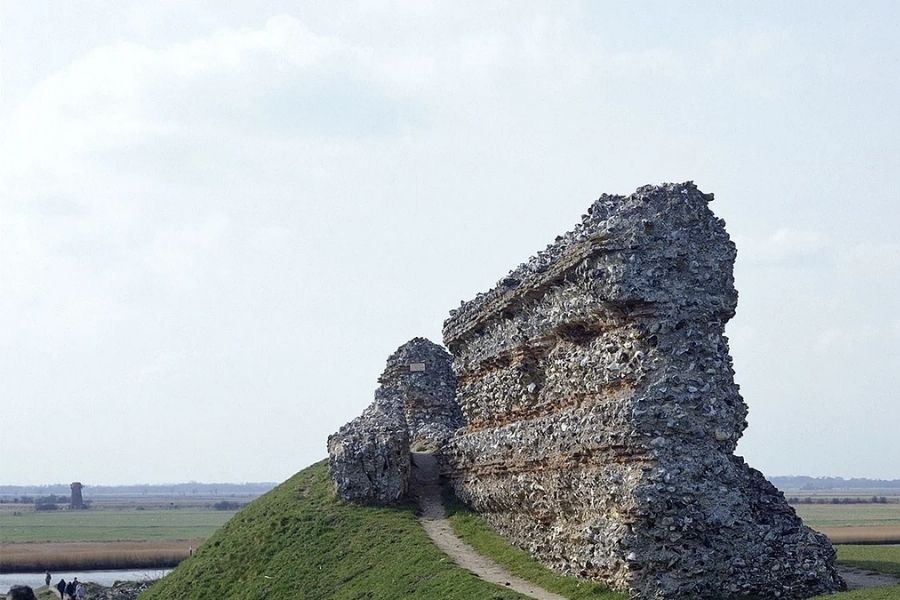 Roman walls at Burgh Castle looking over the mudflats of Breydon Water in autumn