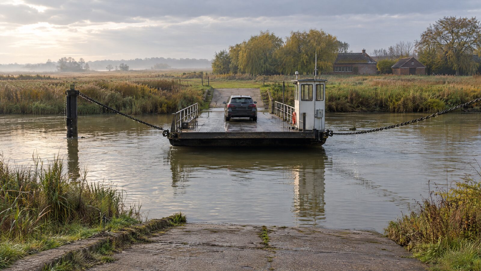 A small vehicle chain ferry carrying a car across a river between flat marsh banks on the Norfolk Broads